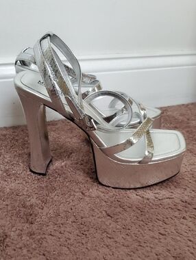 Michael Kors Silver Metallic Platform Strappy Heels